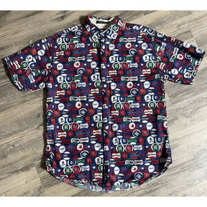 Vtg Tommy Hilfiger Shirt Navy Short Sleeve Button Mens Medium Baseball Themed